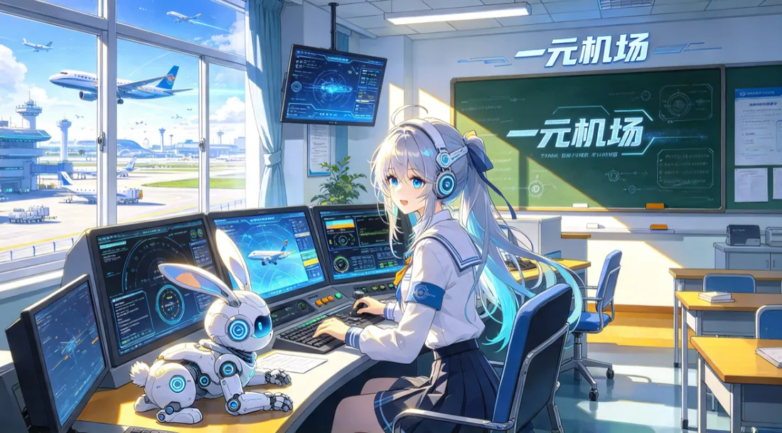 机场控制室里少女与机器兔的动漫风插画